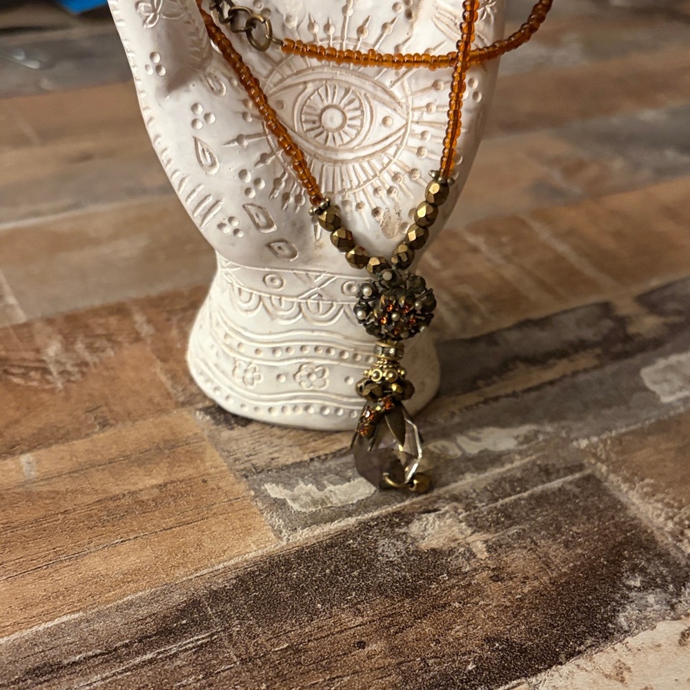 Amber Beaded Pendant Necklace with Faceted Drop